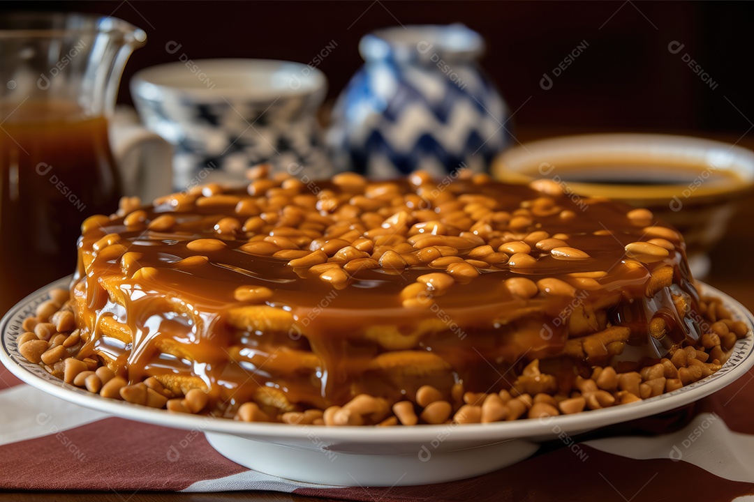 Torta de amendoim com calda de caramelo e recheio de creme sobre mesa decorada para as festas juninas. São João.