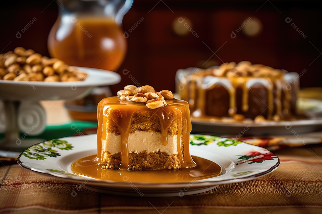 Torta de amendoim com calda de caramelo e recheio de creme sobre mesa decorada para as festas juninas. São João.