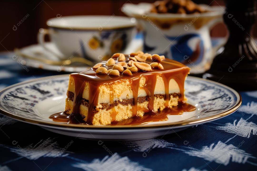Torta de amendoim com calda de caramelo e recheio de creme sobre mesa decorada para as festas juninas. São João.