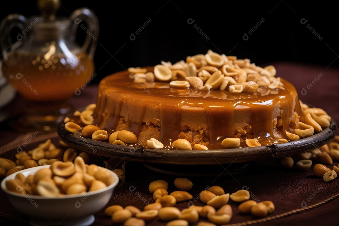 Torta de amendoim com calda de caramelo e recheio de creme sobre mesa decorada para as festas juninas. São João. I