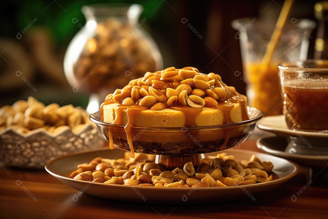Torta de amendoim com calda de caramelo e recheio de creme sobre mesa decorada para as festas juninas. São João. I