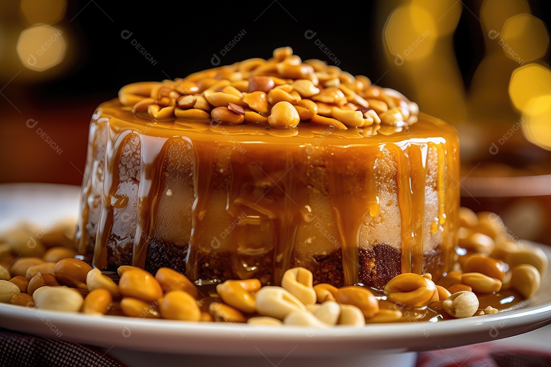 Torta de amendoim com calda de caramelo e recheio de creme sobre mesa decorada para as festas juninas. São João. I