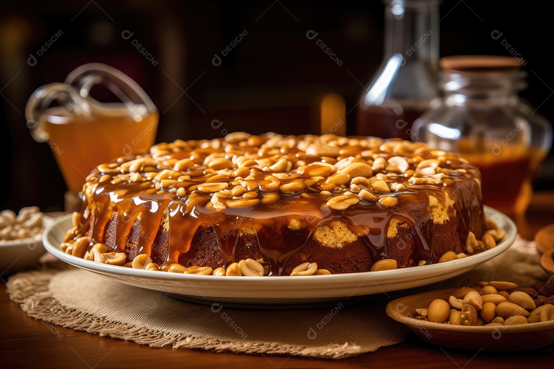 Torta de amendoim com calda de caramelo e recheio de creme sobre mesa decorada para as festas juninas. São João. I