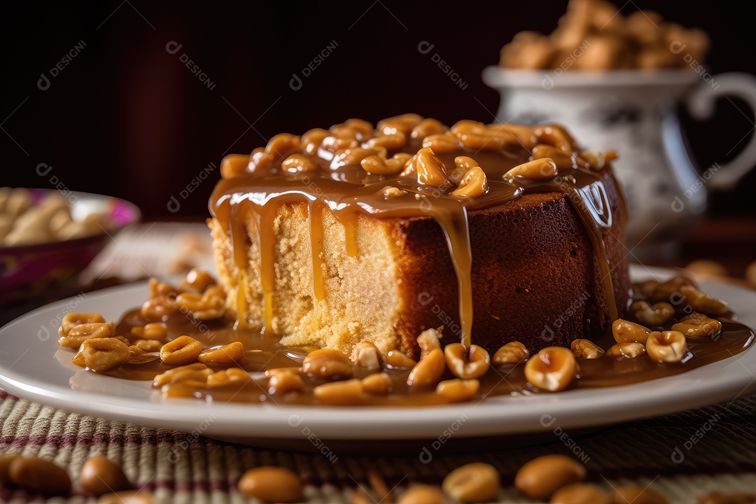 Torta de amendoim com calda de caramelo e recheio de creme sobre mesa decorada para as festas juninas. São João. I