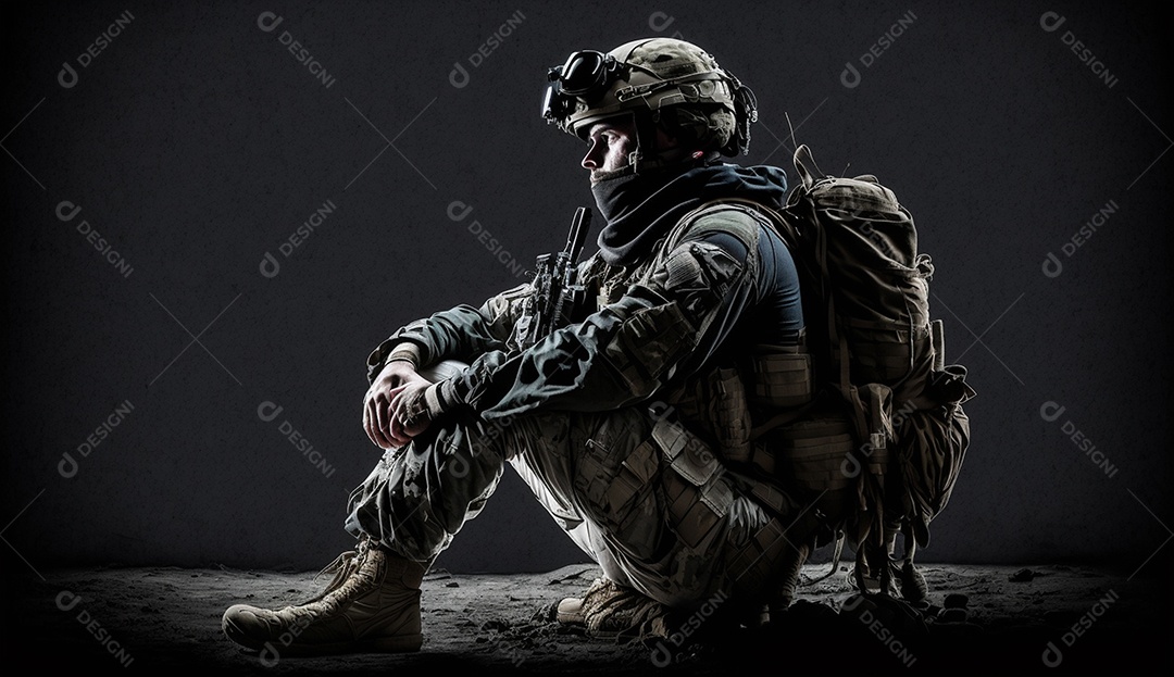 Soldado das forças especiais do Corpo de Fuzileiros Navais sentado em plena marcha em fundo escuro