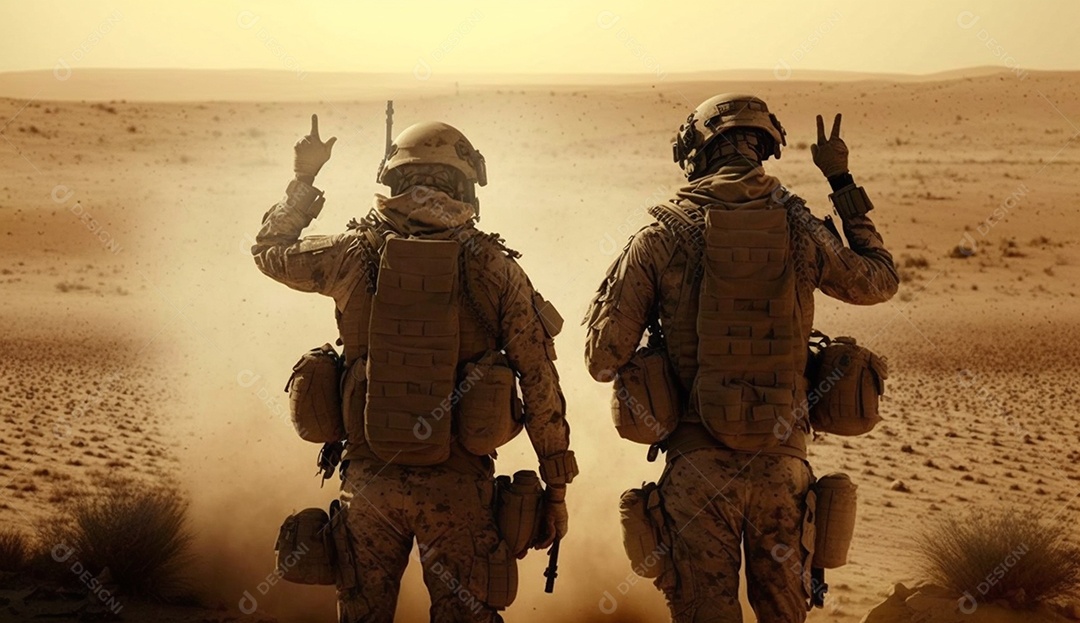 Visão traseira de soldados no deserto, soldados de batalha de vitória