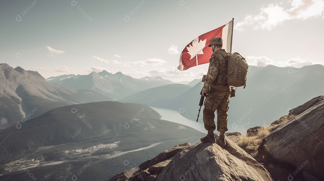 Soldado com um rifle e uma bandeira canadense nas montanhas