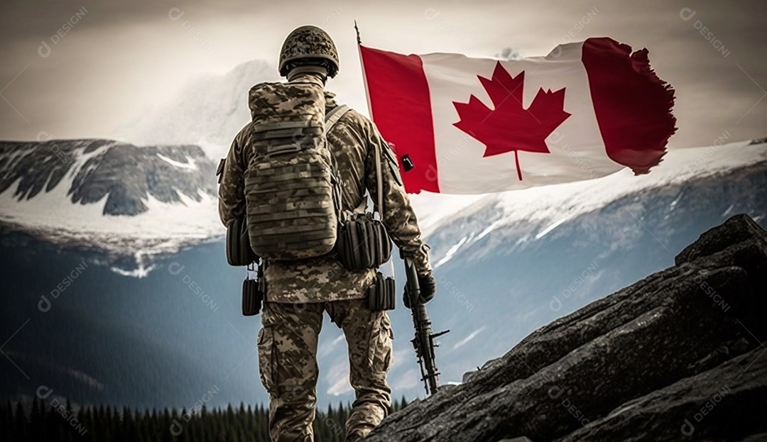 Soldado com um rifle e uma bandeira canadense nas montanhas