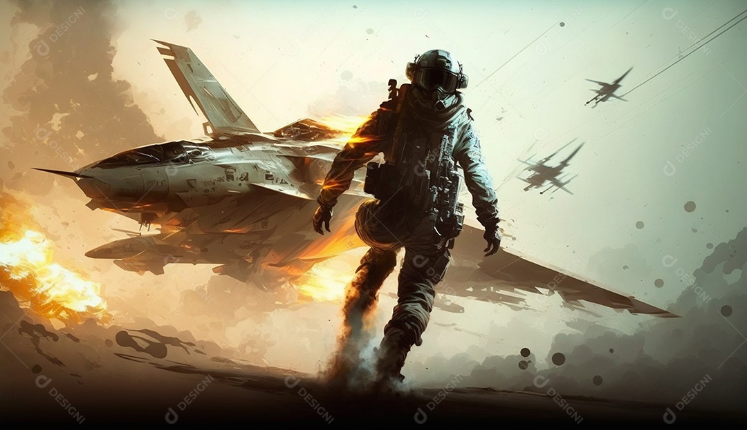 Soldado e aeronaves militares com fogo ao fundo