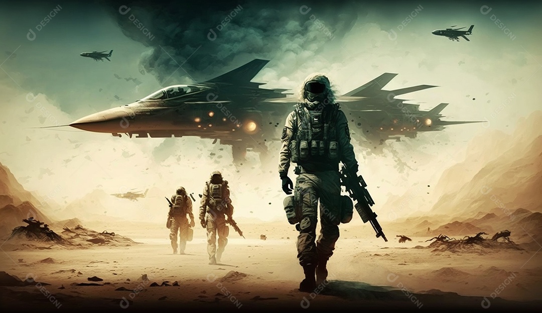 Soldados em um deserto com um avião sobre um fundo
