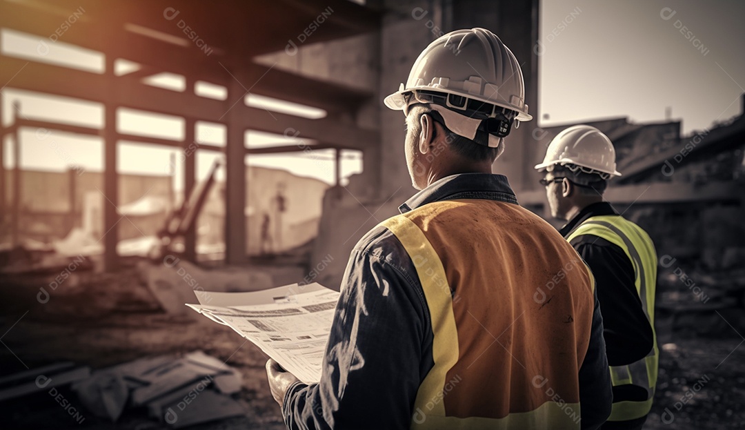 Um trabalhador da construção civil olhando para um plano em uma construção