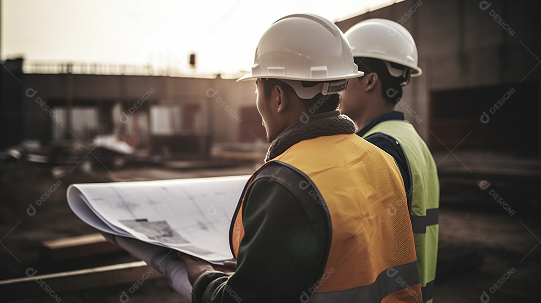 Um trabalhador da construção civil olhando para um plano em uma construção
