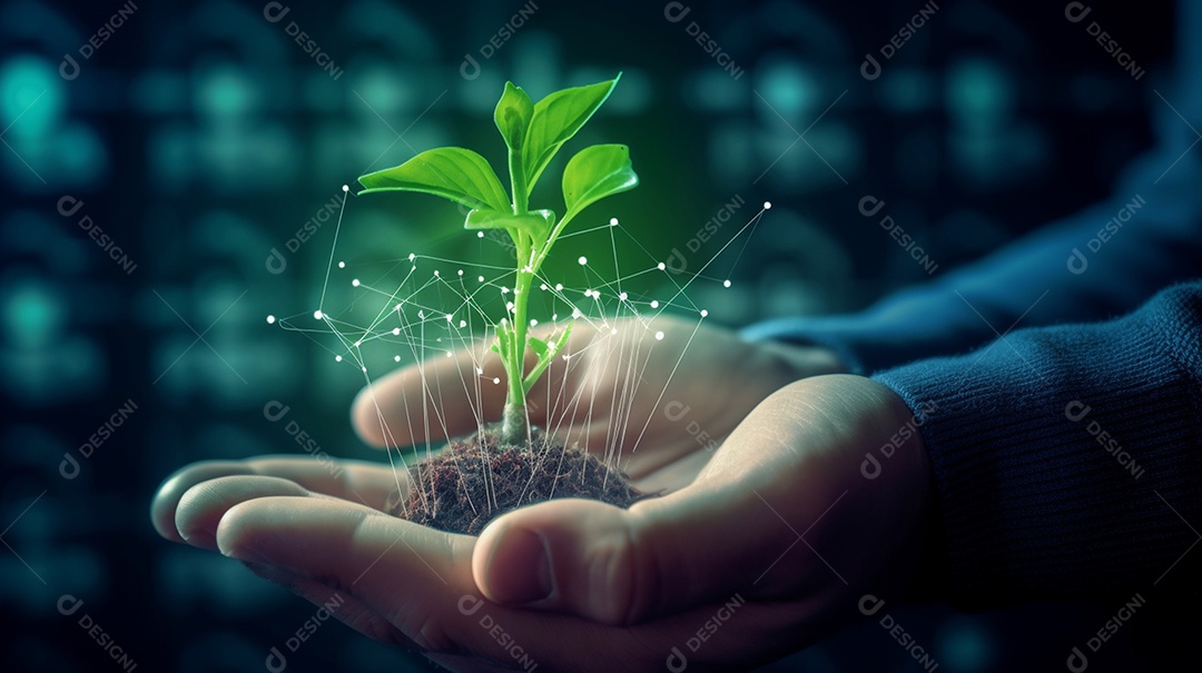 Uma pequena planta sobre as mãos de uma pessoa