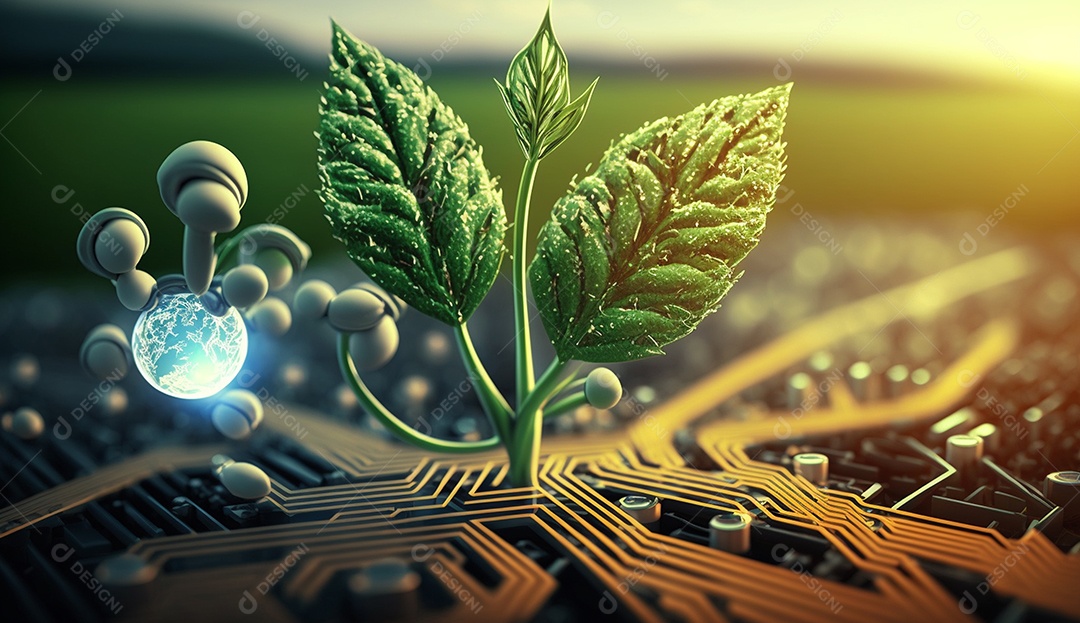 Uma planta sobre uma placa tecnológica