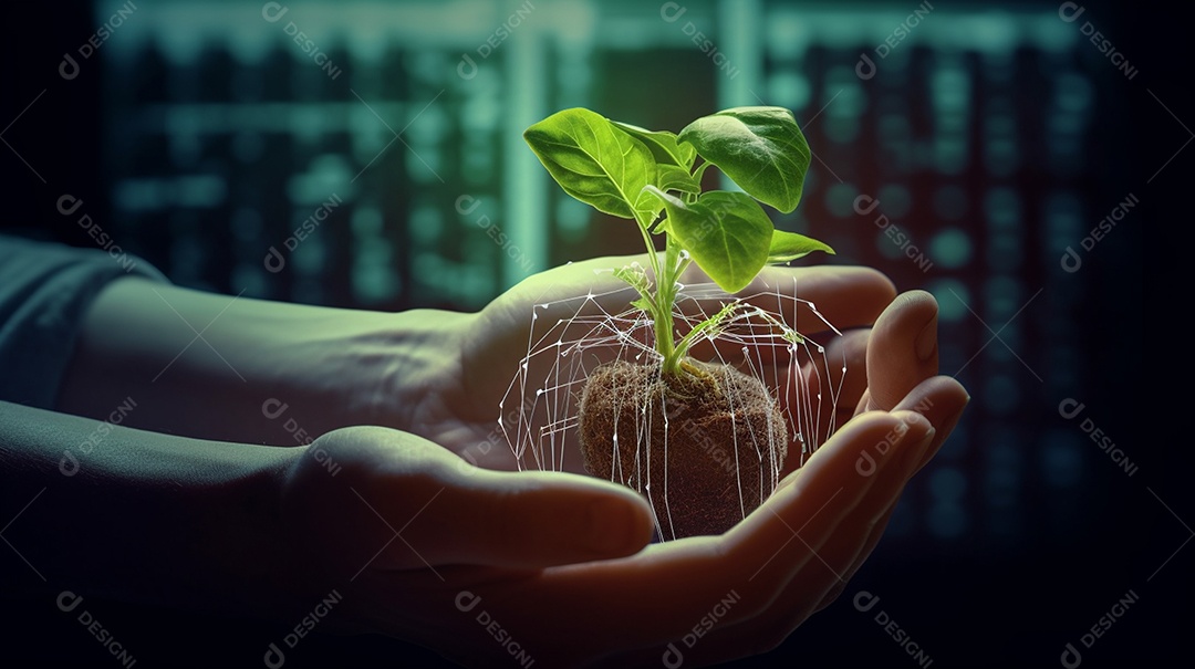 Mãos segurando uma plantinha envolta de tecnologia