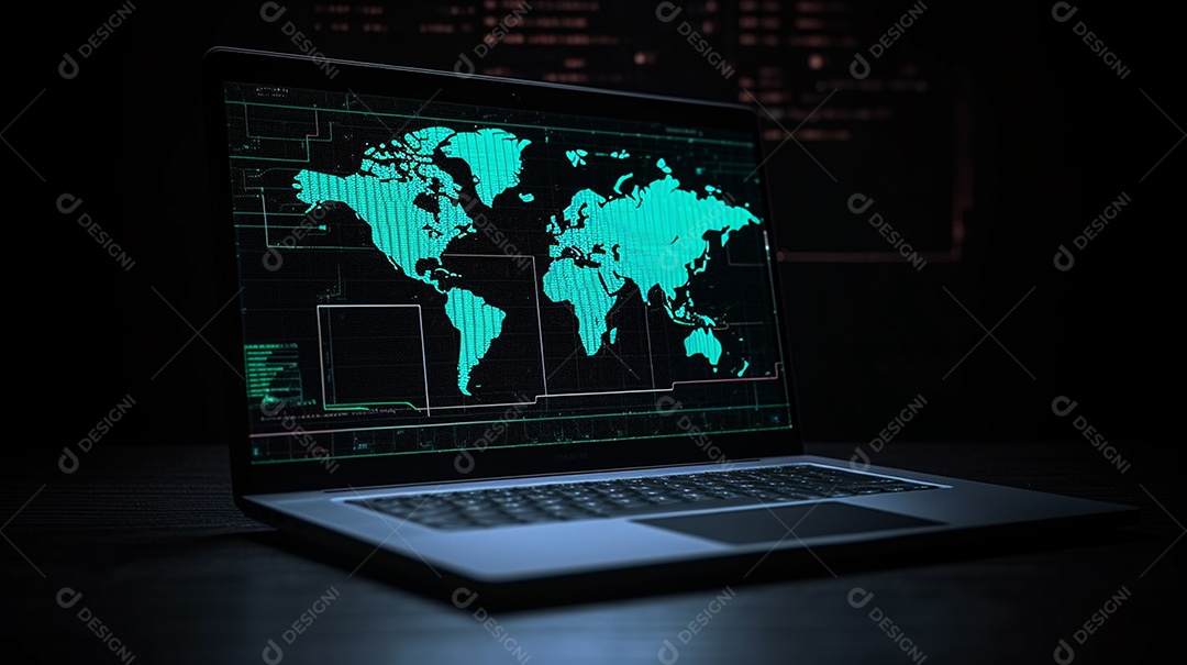Computador com mapa do mundo digital em sua tela