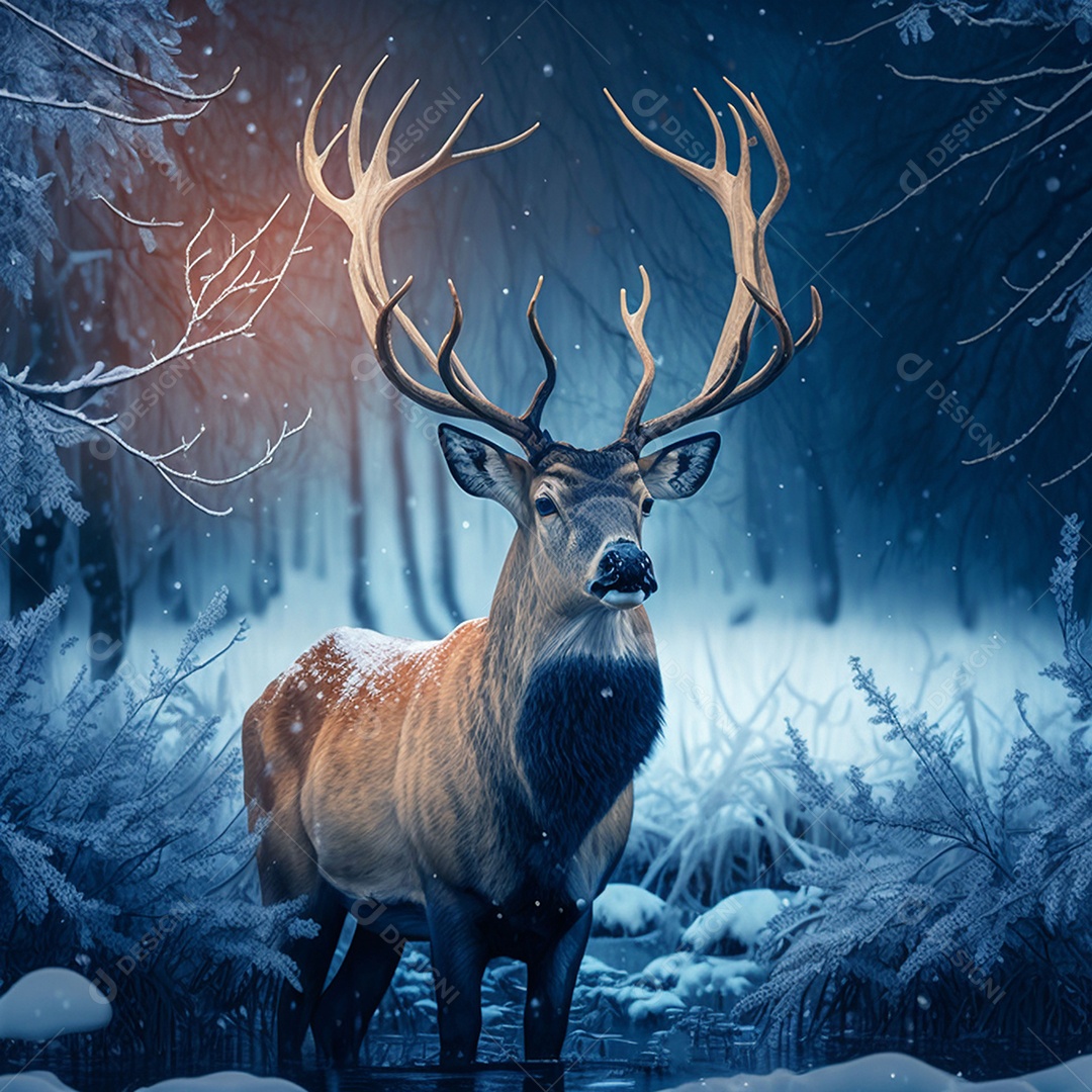 Veado nobre macho na floresta de neve do inverno Inverno artístico
