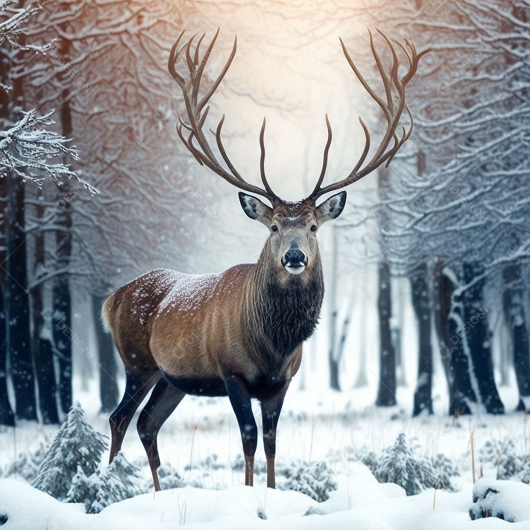 Veado nobre macho na floresta de neve do inverno Inverno artístico