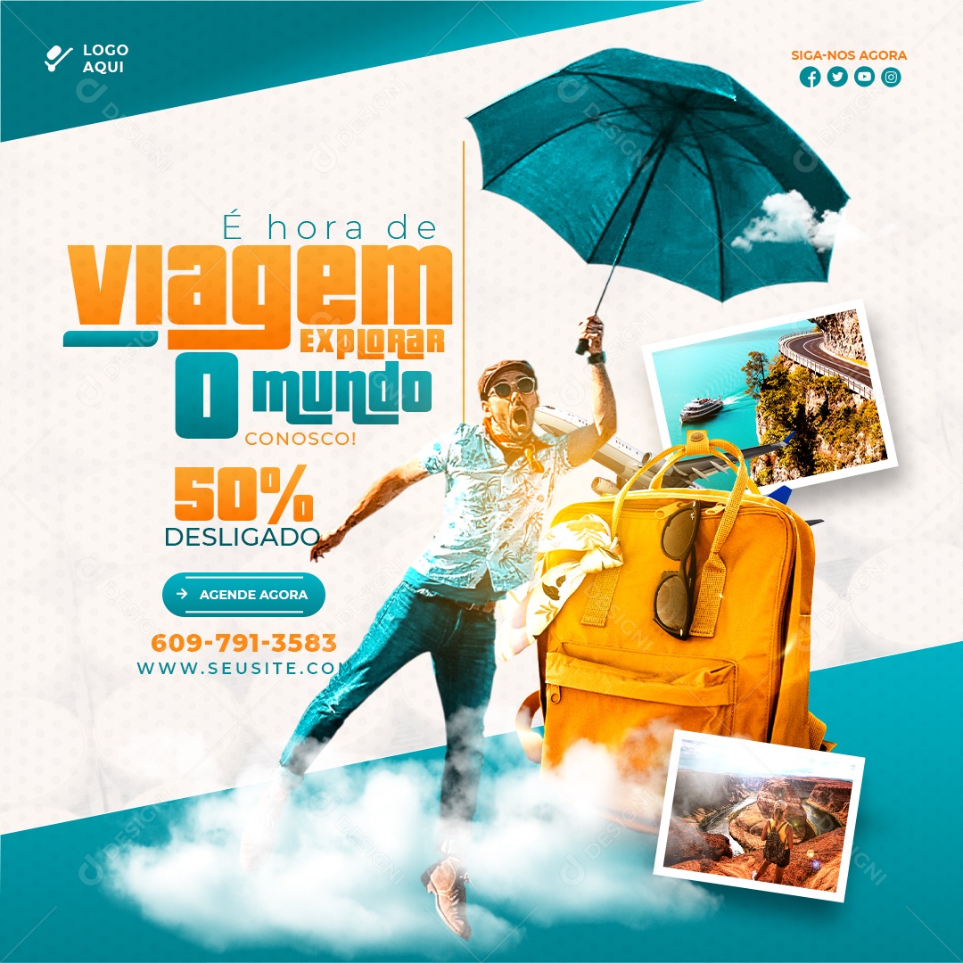 É Hora da Viagem Explore o Mundo 35% de Desconto Social Media PSD Editável