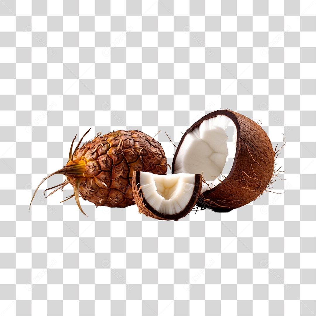 Halved coconut next to ripe and fresh pineapple PNG Transparent