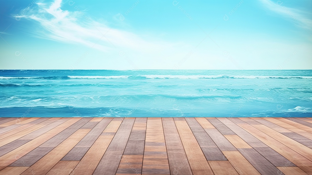 Mesa de madeira com desfoque bokeh luz mar e céu na praia Verão a estação mais quente.