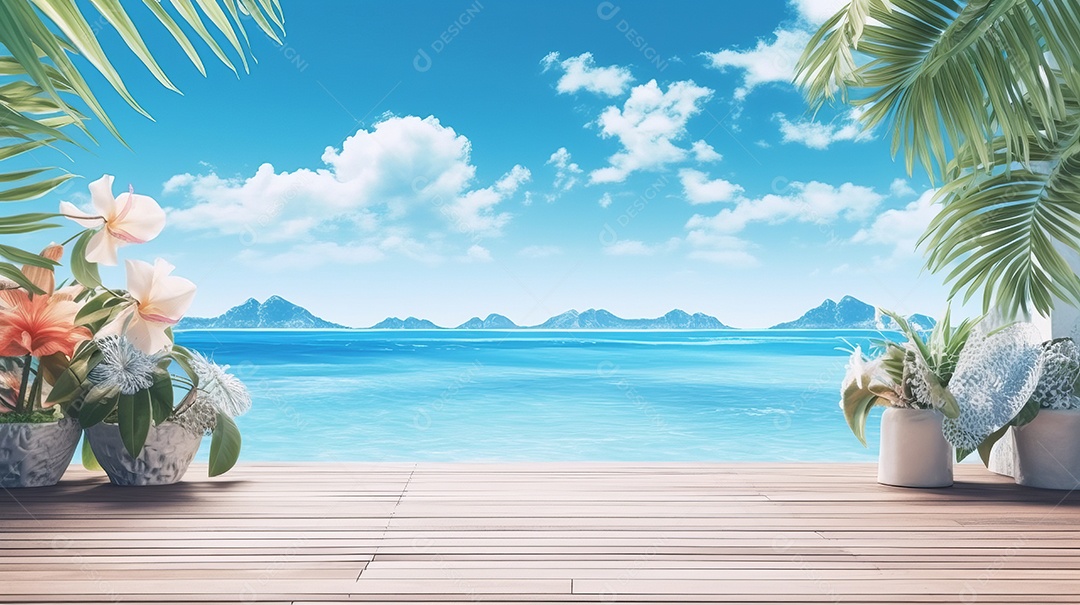 Mesa de madeira com desfoque bokeh luz mar e céu na praia Verão a estação mais quente.