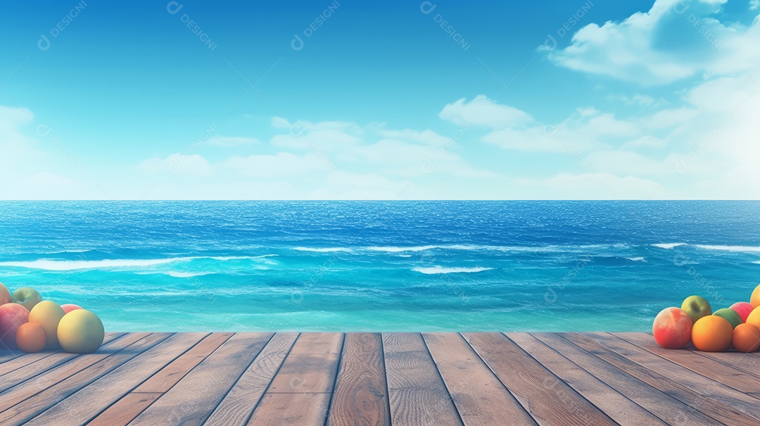 Mesa de madeira com desfoque bokeh luz mar e céu na praia Verão a estação mais quente.