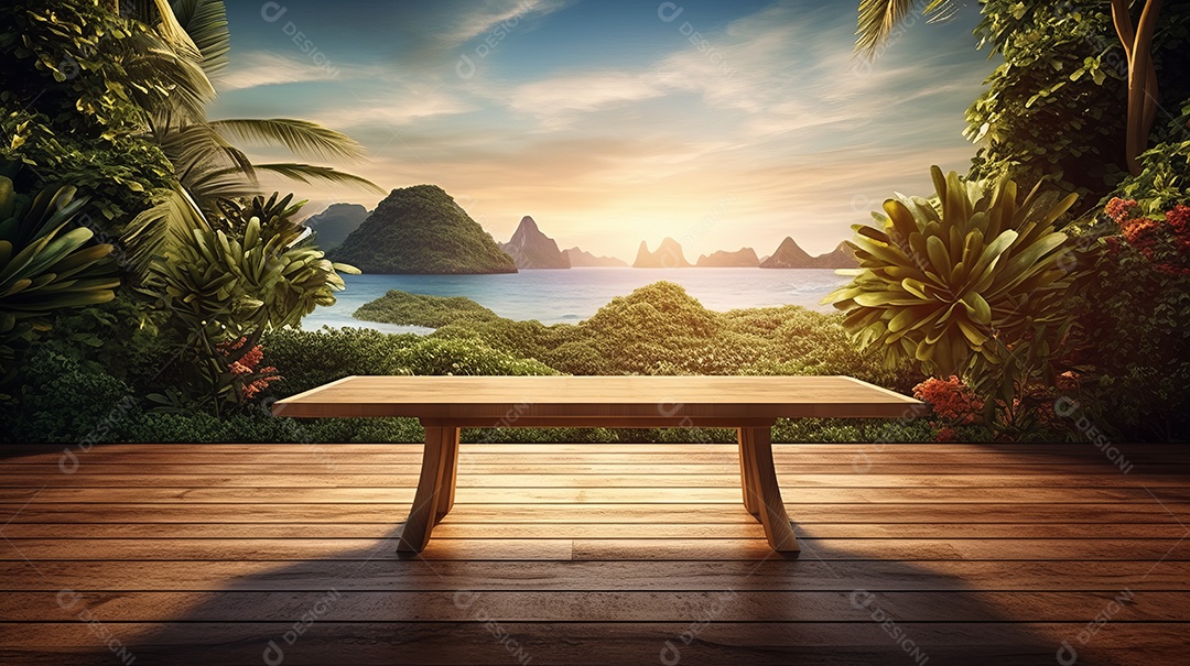 Mesa de madeira com desfoque bokeh luz mar e céu na praia Verão a estação mais quente.