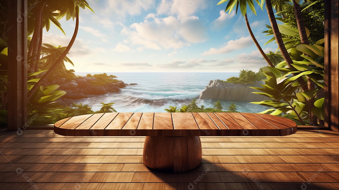 Mesa de madeira com desfoque bokeh luz mar e céu na praia Verão a estação mais quente.