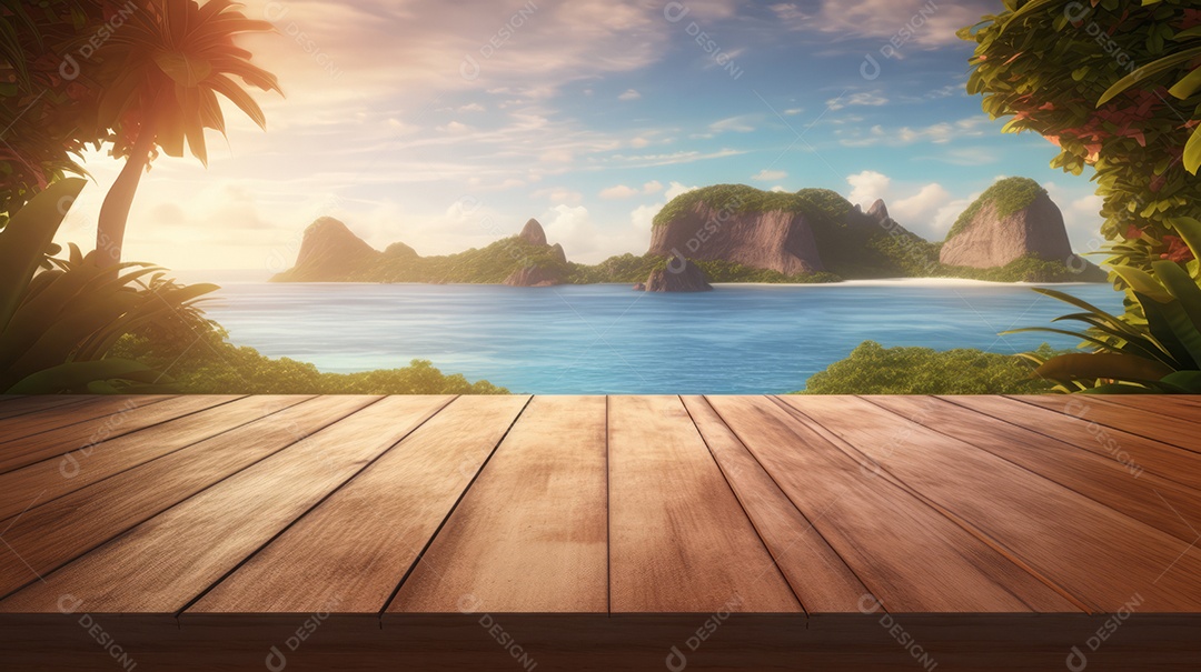 Mesa de madeira com desfoque bokeh luz mar e céu na praia Verão a estação mais quente.
