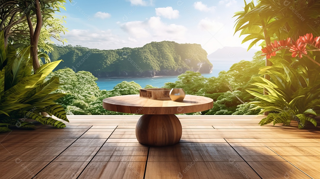 Mesa de madeira com desfoque bokeh luz mar e céu na praia Verão a estação mais quente.