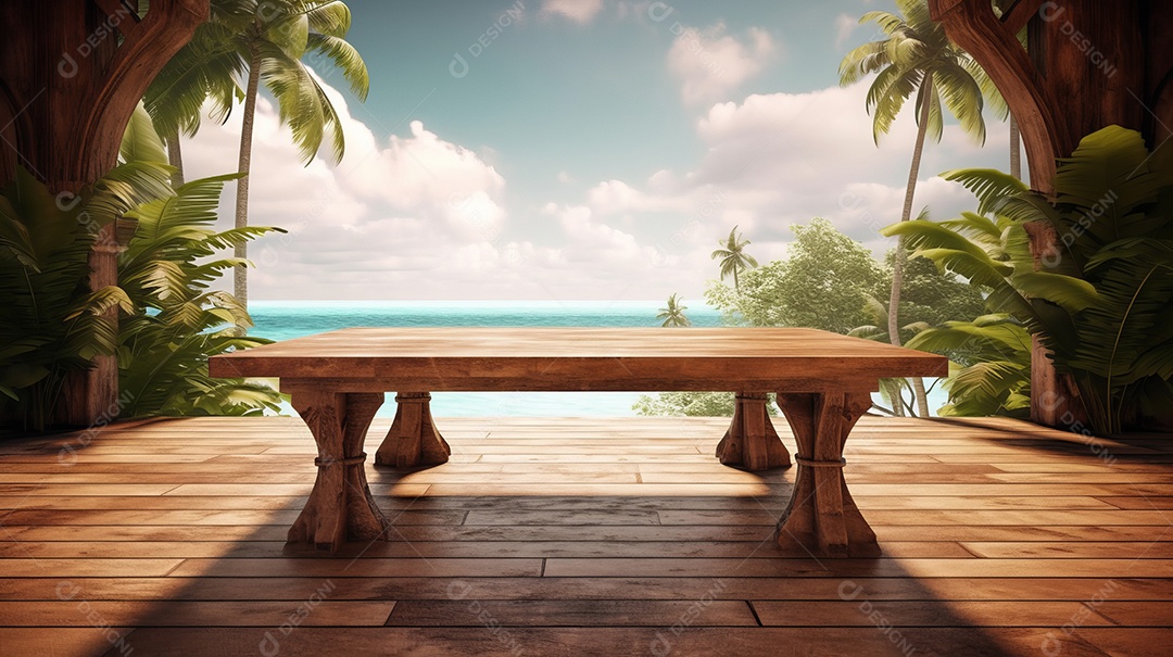 Mesa de madeira com desfoque bokeh luz mar e céu na praia Verão a estação mais quente.