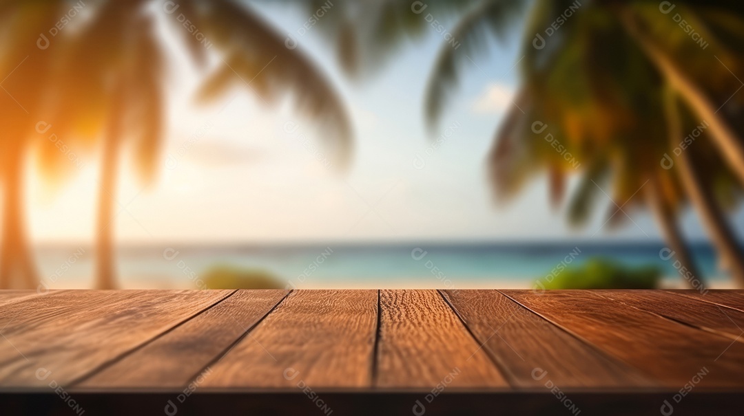 Mesa de madeira com desfoque bokeh luz mar e céu na praia Verão a estação mais quente.