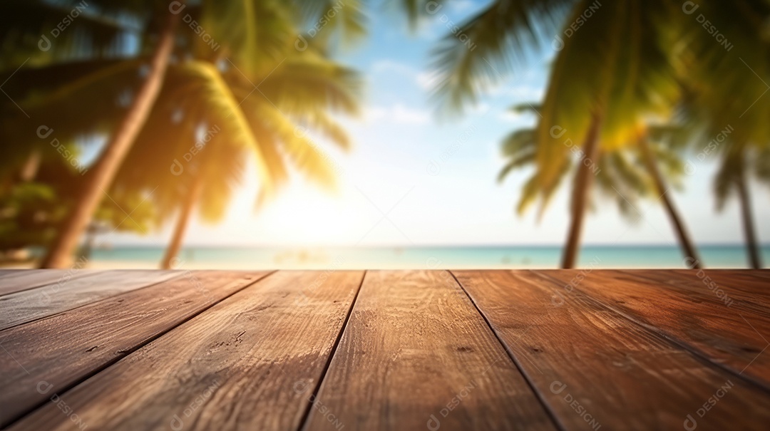 Mesa de madeira com desfoque bokeh luz mar e céu na praia Verão a estação mais quente.