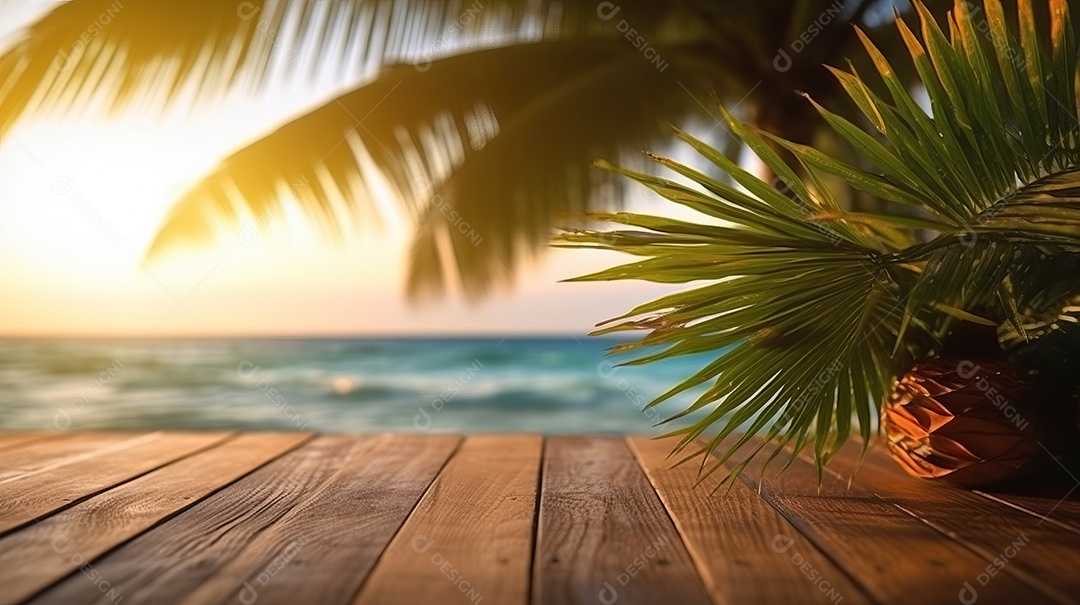 Mesa de madeira com desfoque bokeh luz mar e céu na praia Verão a estação mais quente.