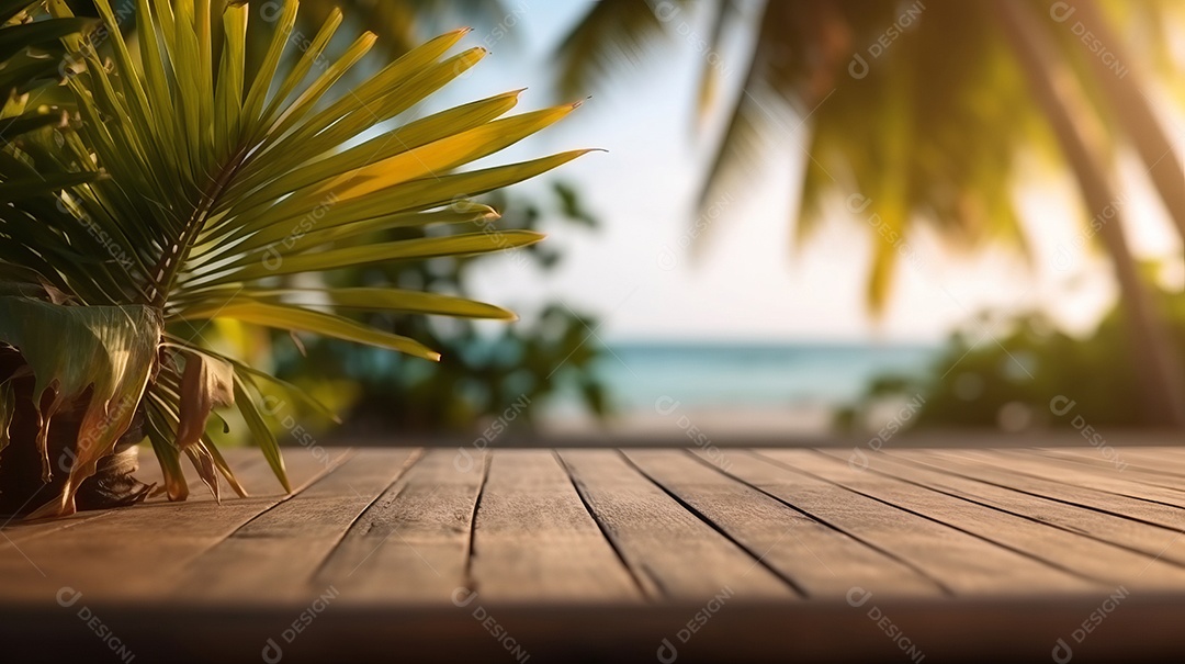 Mesa de madeira com desfoque bokeh luz mar e céu na praia Verão a estação mais quente.