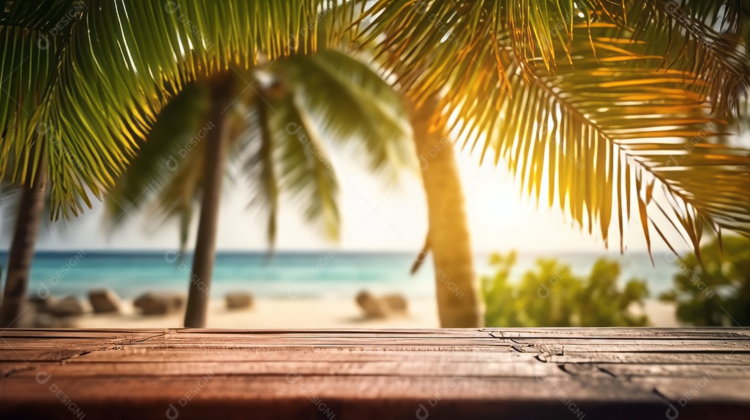 Mesa de madeira com desfoque bokeh luz mar e céu na praia Verão a estação mais quente.