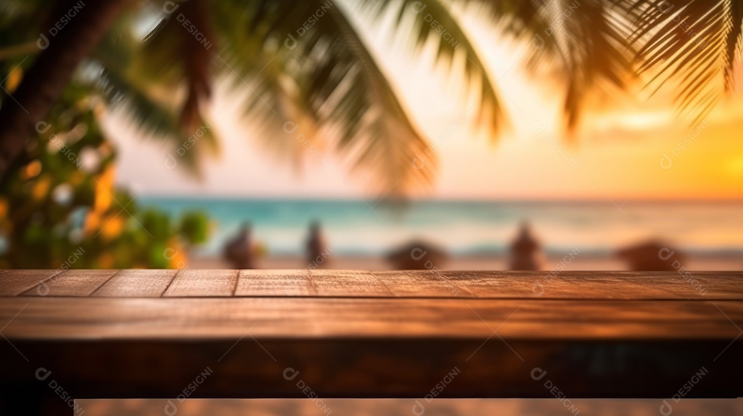 Mesa de madeira com desfoque bokeh luz mar e céu na praia Verão a estação mais quente.