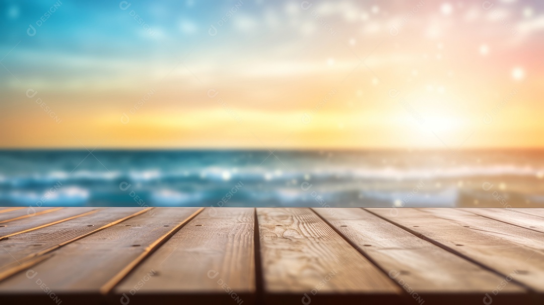 Mesa de madeira com desfoque bokeh luz mar e céu na praia Verão a estação mais quente.