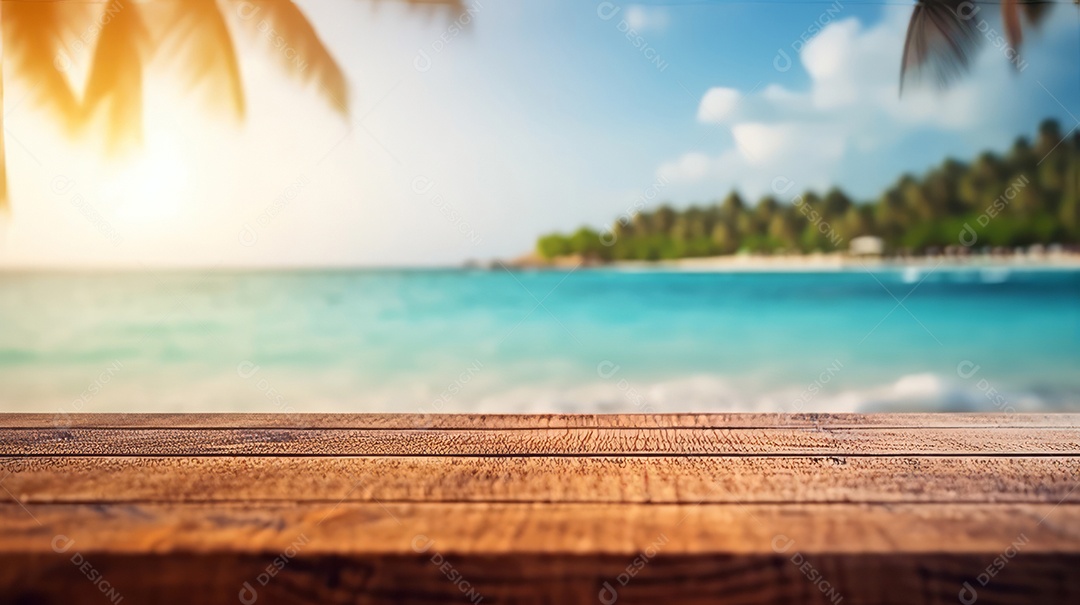 Mesa de madeira com desfoque bokeh luz mar e céu na praia Verão a estação mais quente.