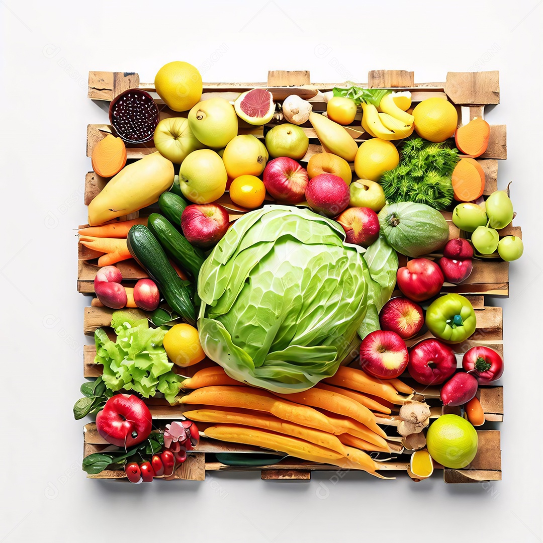 Vegetais e frutas sobre a placa de madeira