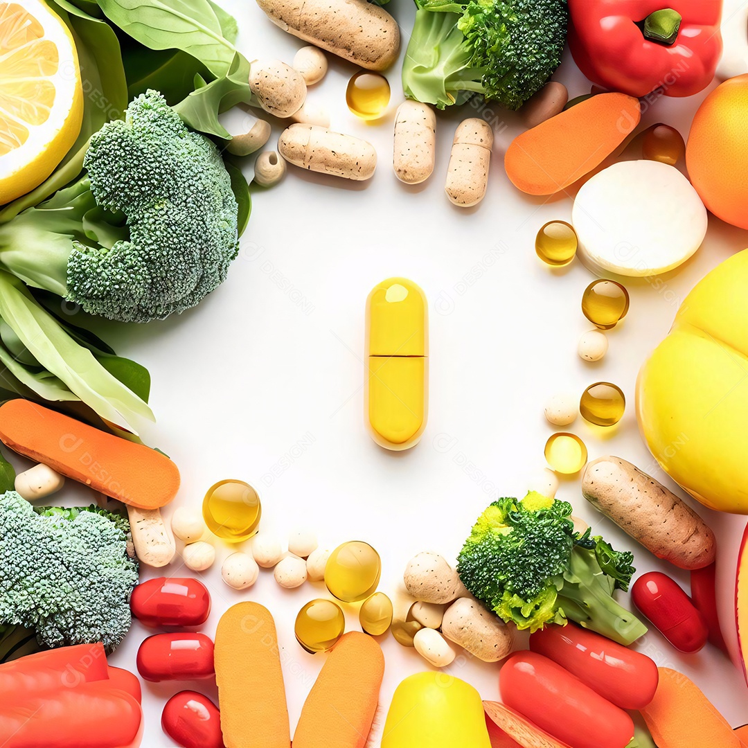 Frutas e verduras e cápsulas de remédios