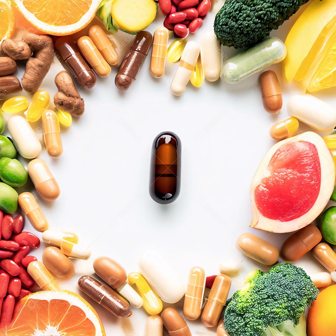 Frutas e verduras e cápsulas de remédios