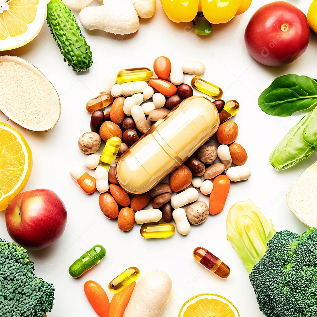 Frutas e verduras e cápsulas de remédios