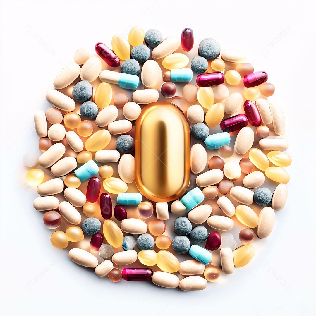Pilha de remédios e capsulas sobre fundo branco