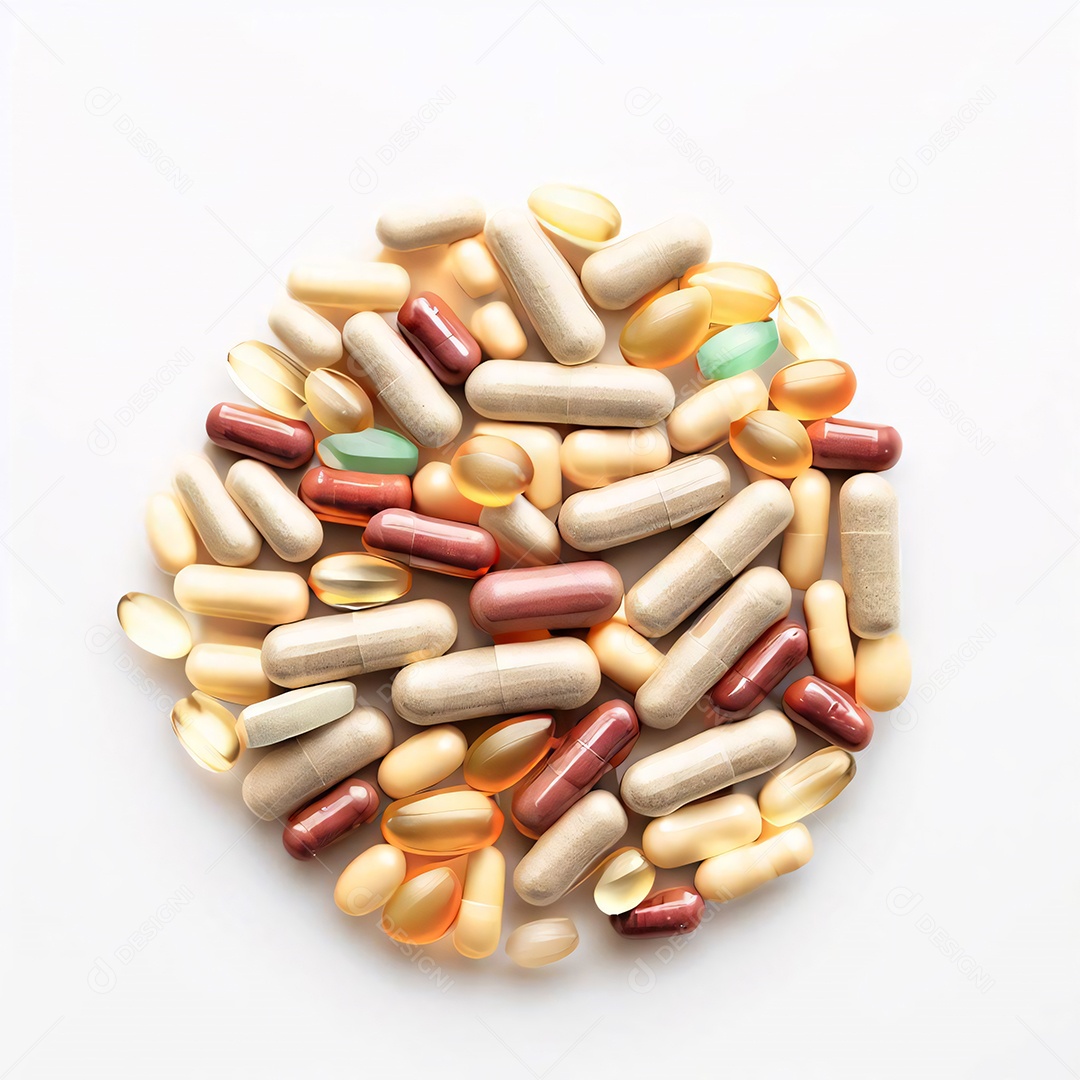 Pilha de remédios e capsulas sobre fundo branco