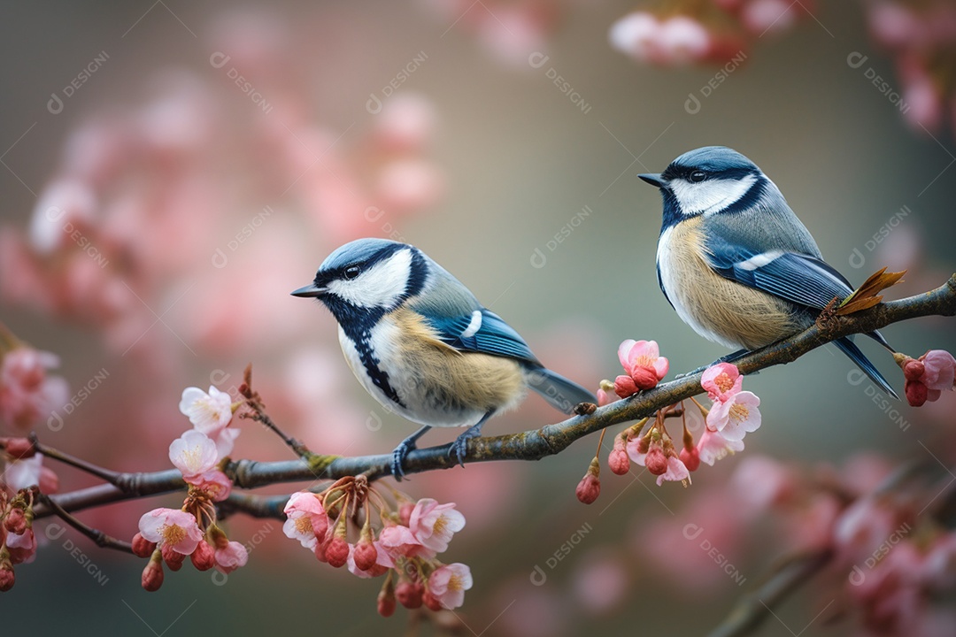 Lindos casal de passarinhos sentados em galhos de cerejeiras