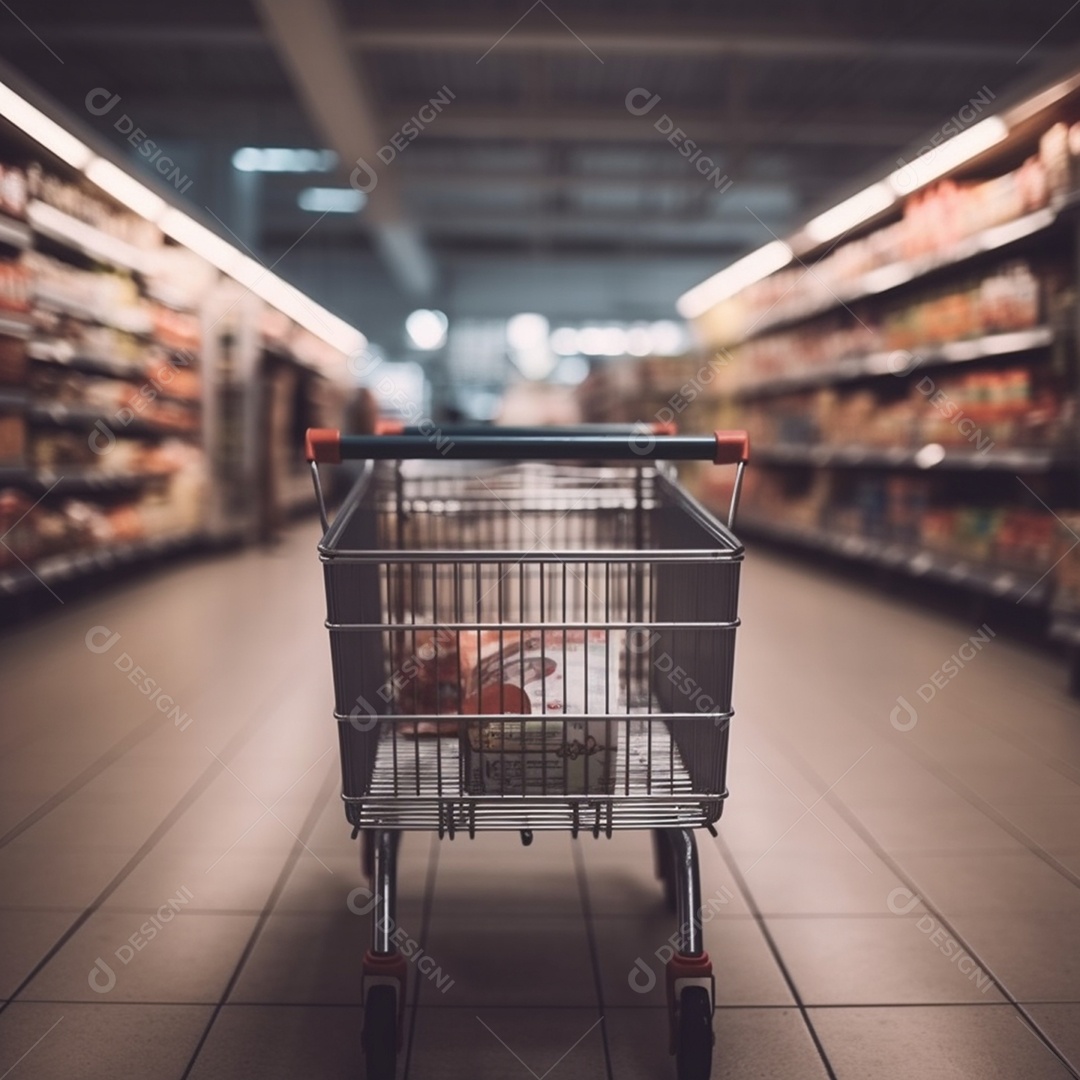 Carrinho de supermercado em corredor de compras