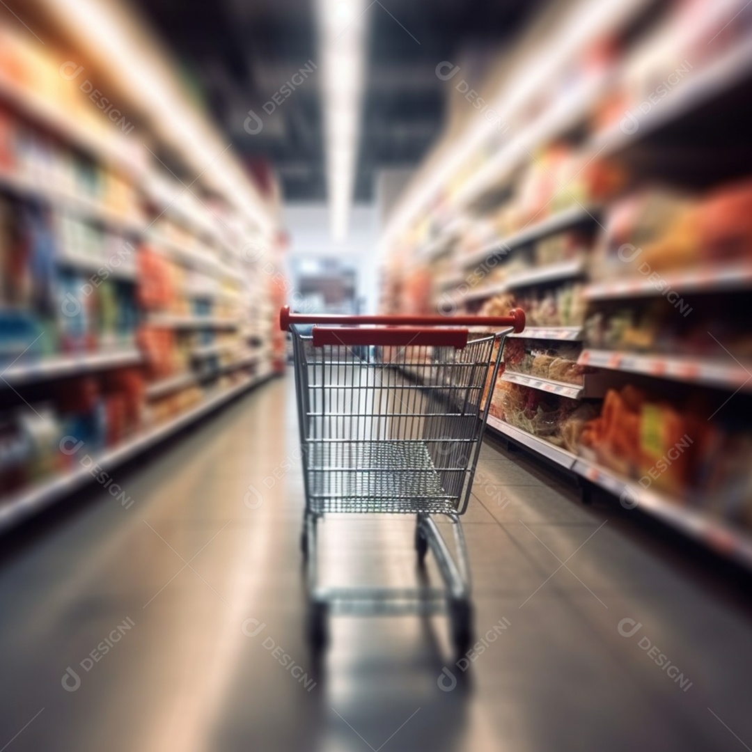 Carrinho de supermercado em corredor de compras