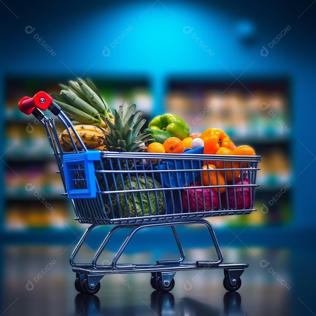 Carrinho de compras com frutas e legumes